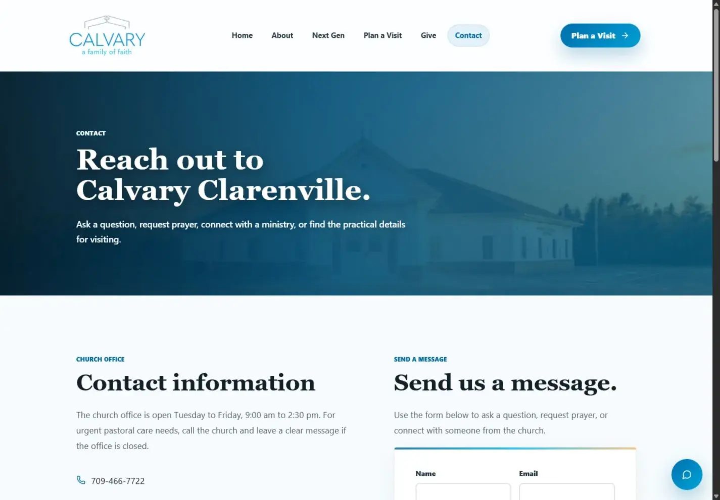 Calvary Clarenville contact page with church contact information and message form