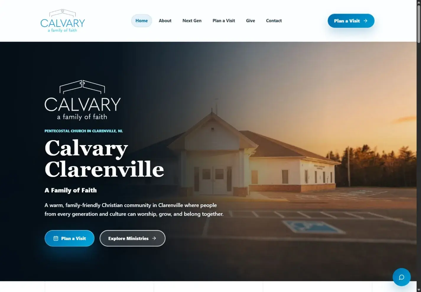 Calvary Clarenville homepage with church exterior photography and clear visitor actions