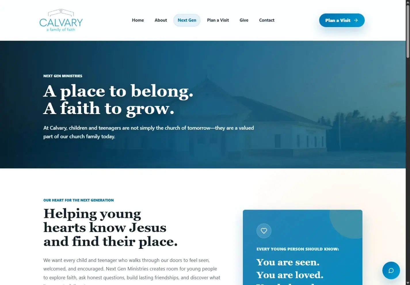 Calvary Clarenville Next Gen Ministries page introducing children and youth ministry information