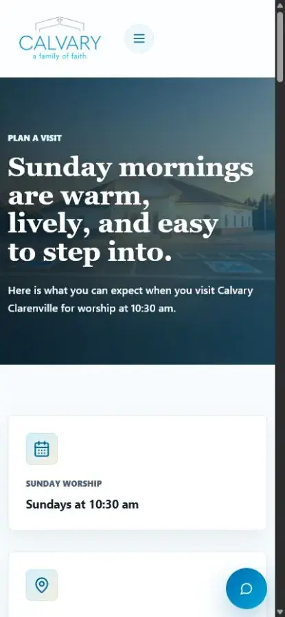 Calvary Clarenville Plan a Visit page on a mobile screen with service time and location cards
