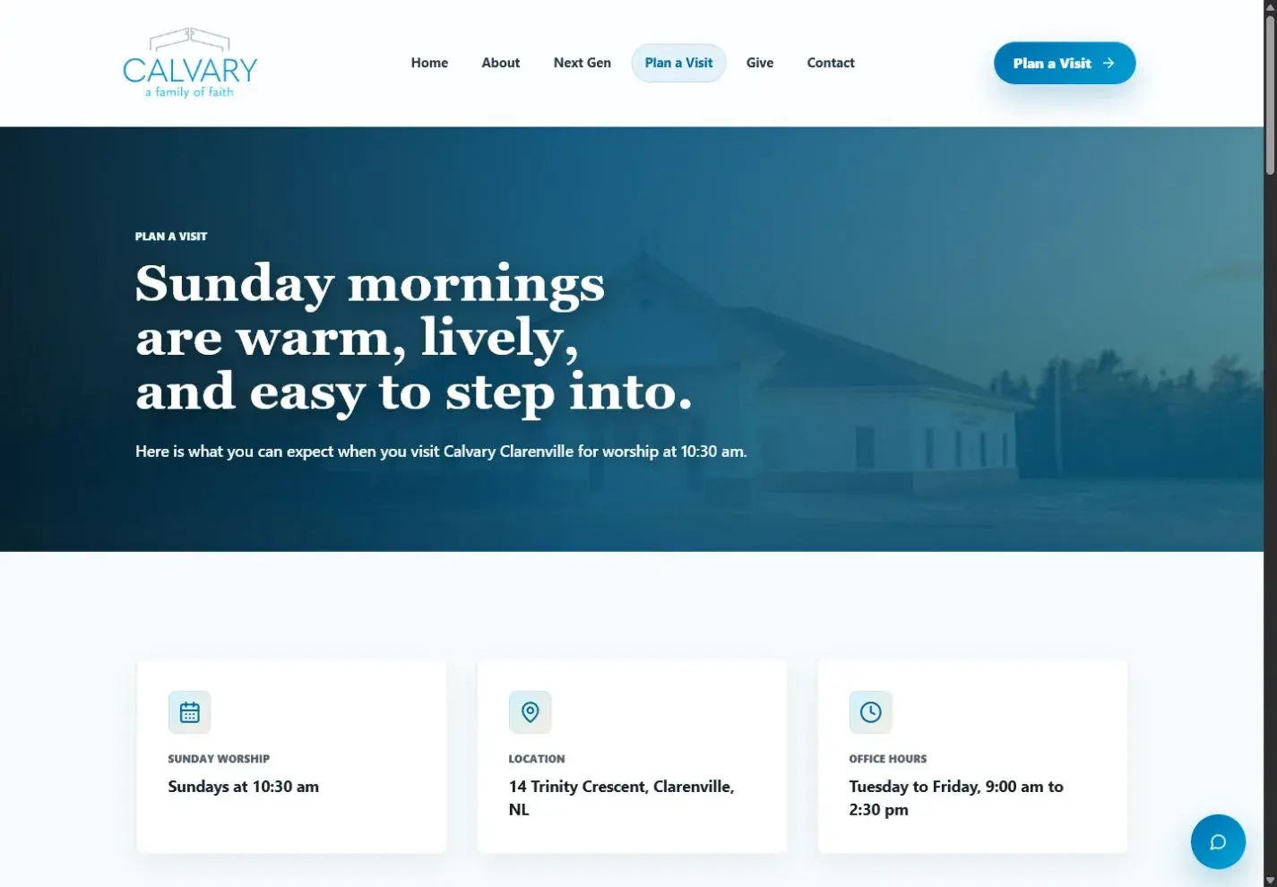 Calvary Clarenville Plan a Visit page showing Sunday service time, location, and office hours