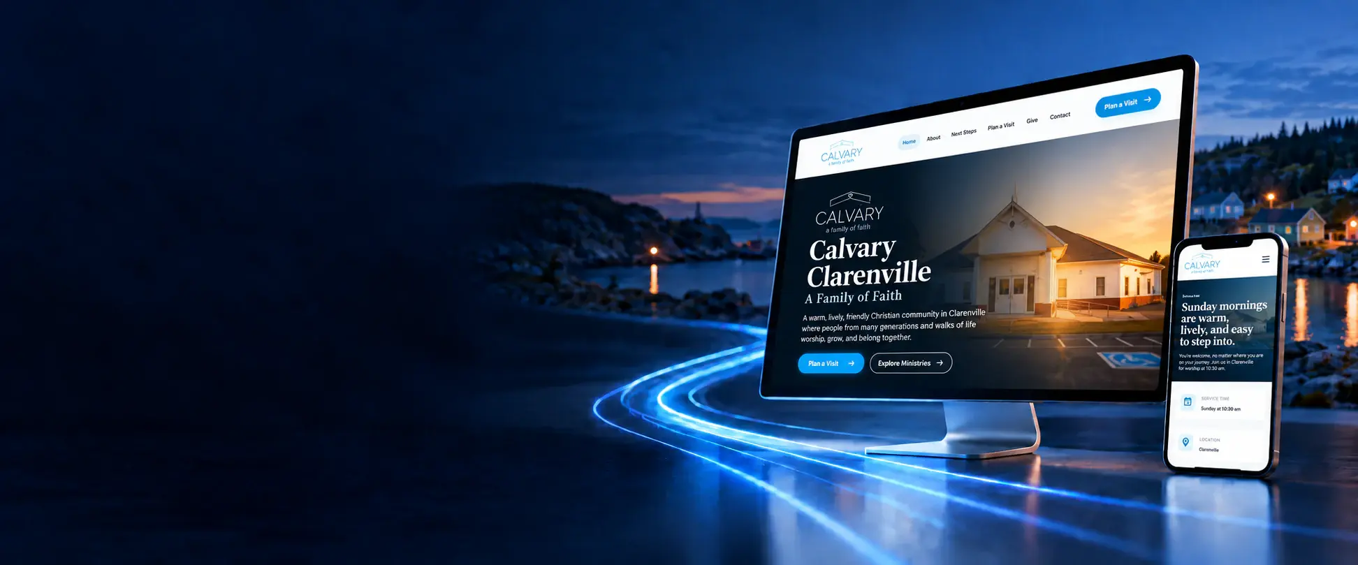 Desktop and phone showing the Calvary Clarenville website in front of a Newfoundland harbour at dusk