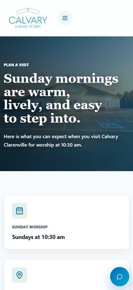 Calvary Clarenville Plan a Visit page shown on a mobile screen.