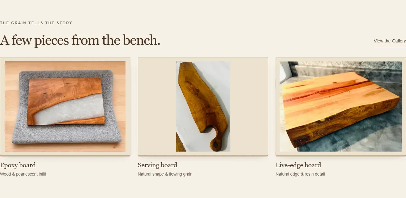 Rustic Edge bench section with photos of an epoxy board, serving board, and live-edge board