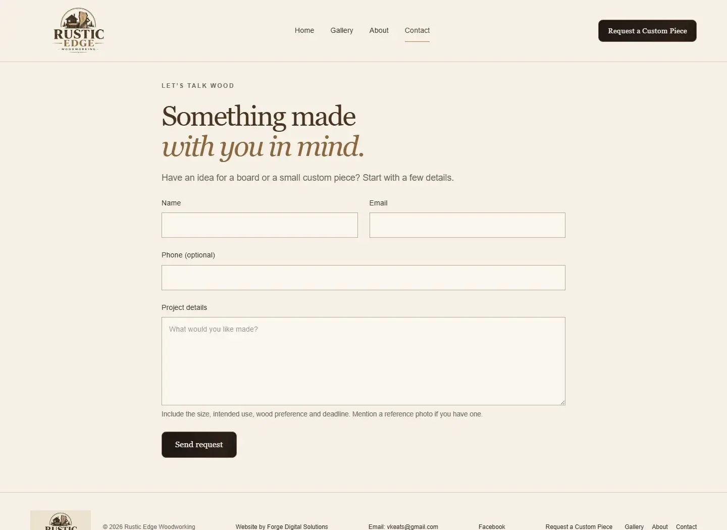 Rustic Edge contact page with name, email, optional phone, project details, and Send request button