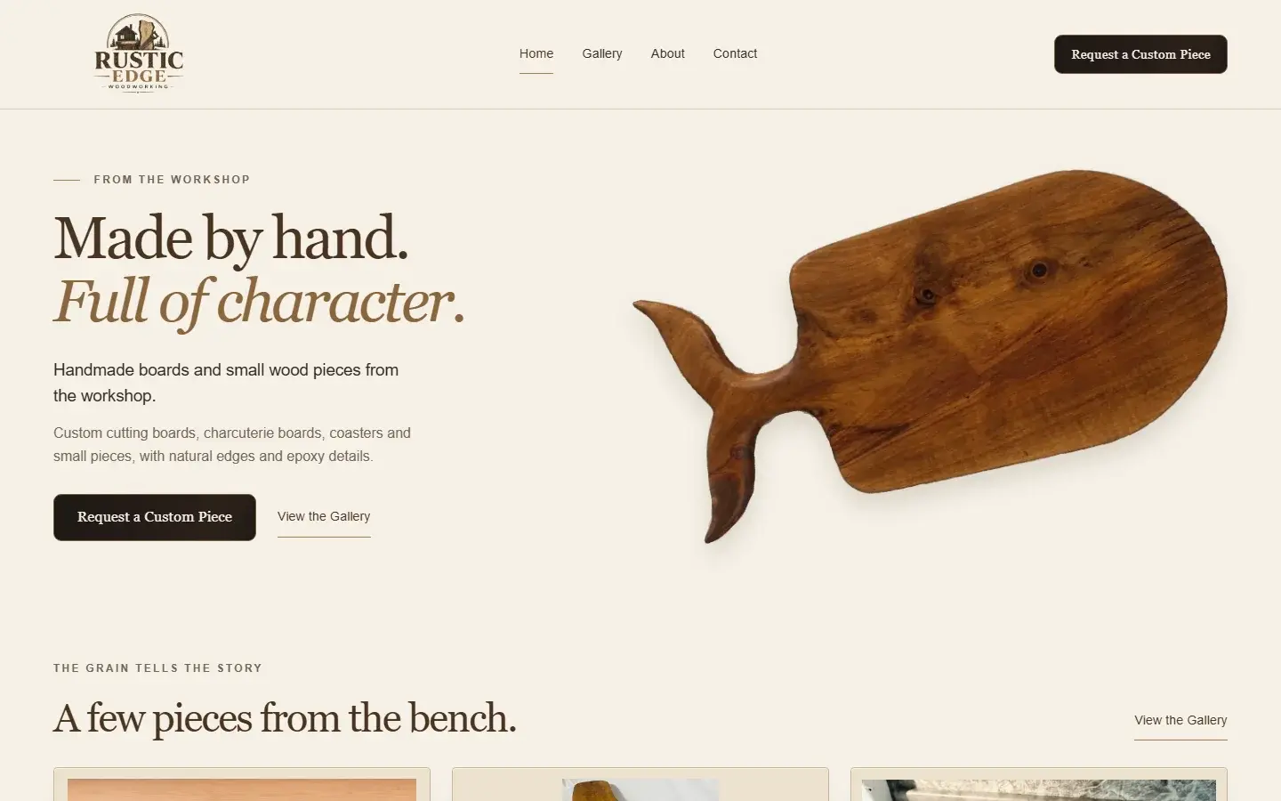 Rustic Edge homepage showing the cabin logo, whale-tail board on cream, and custom request link