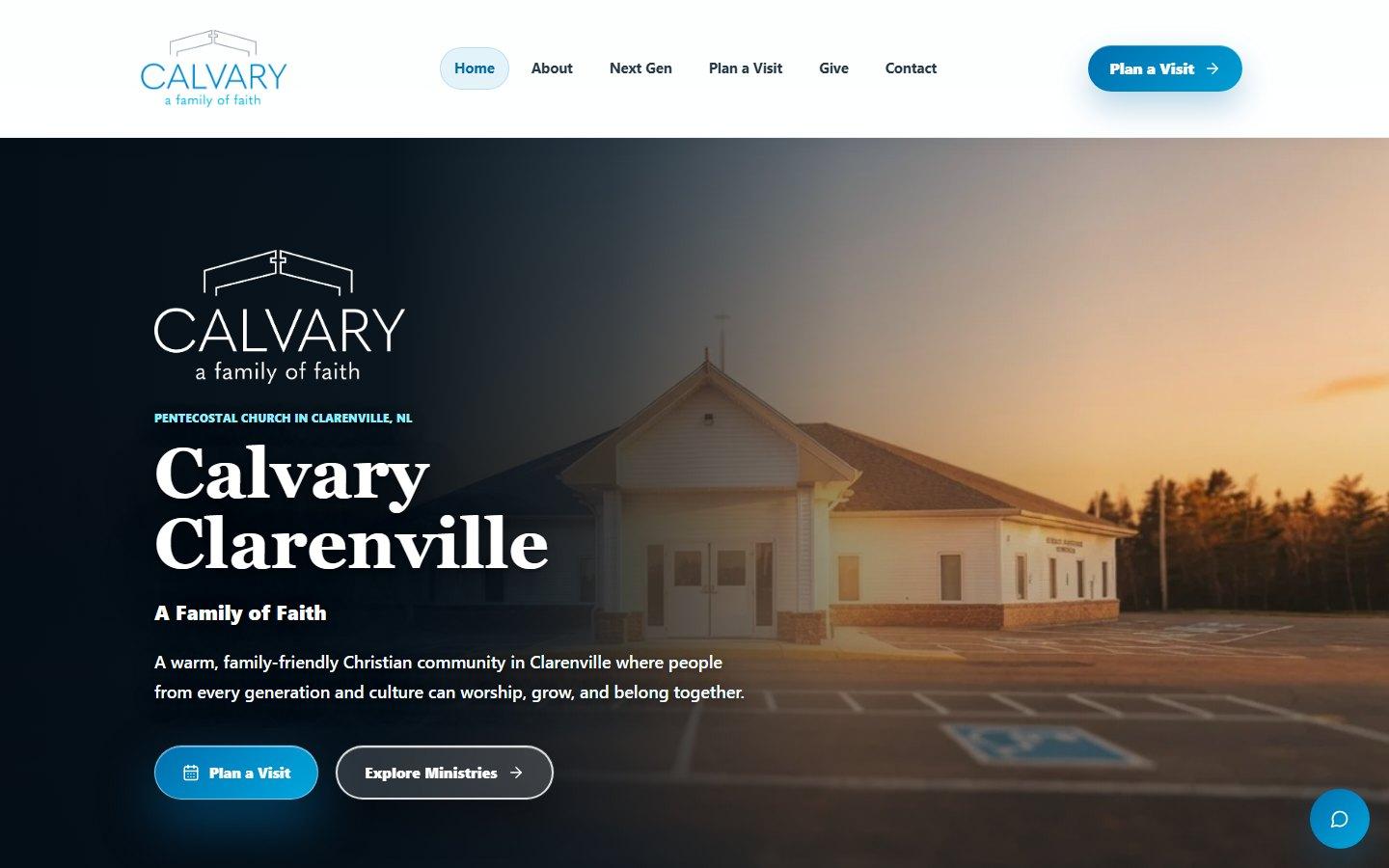 Calvary Clarenville website homepage shown at desktop size.